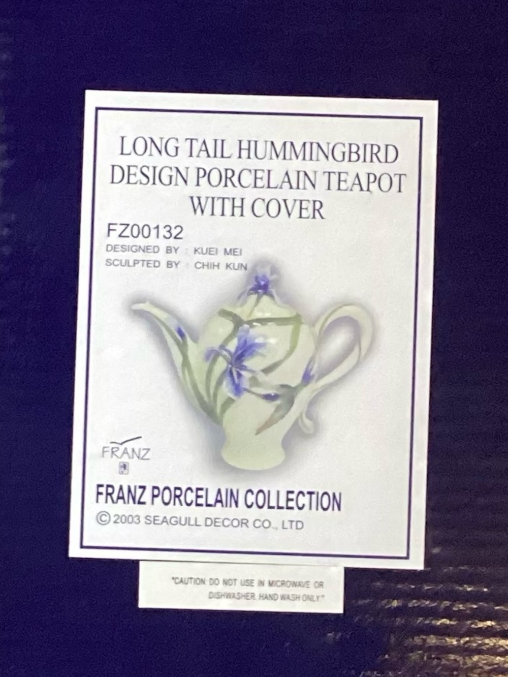 Franz Porcelain Hummingbird Tea Pot - Blue & Green Accents - Original Packaging